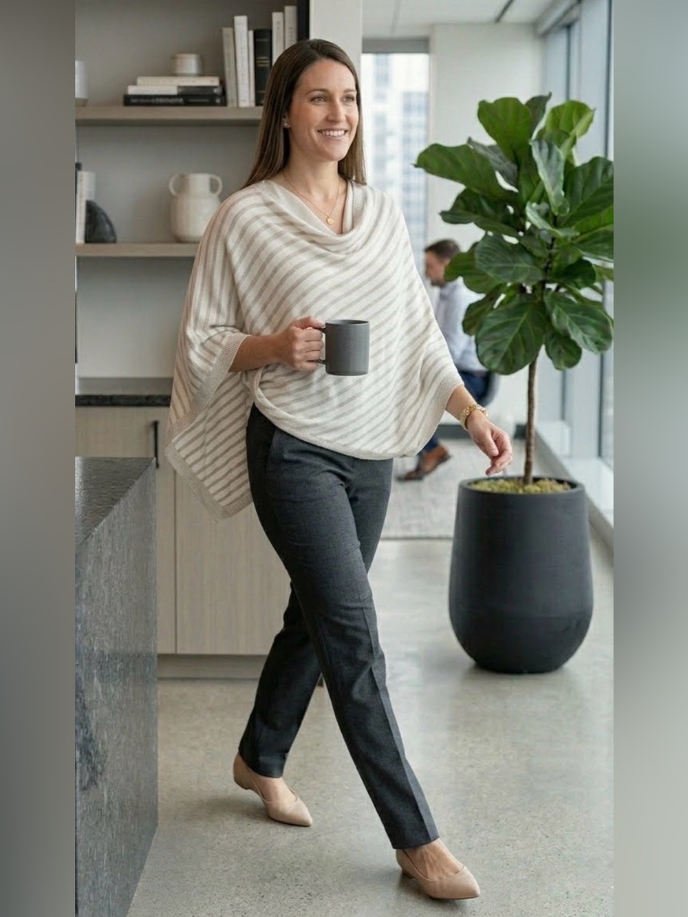 Banana Republic White and Gray Striped Shall/Poncho